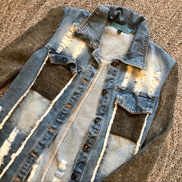 Sweater Sleeve Denim Jacket - Picture 2 of 5
